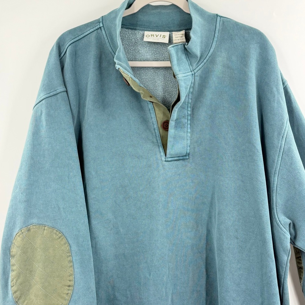 Orvis Gorpcore Grandad Pullover Sweatshirt Mens XXL Blue Quilted Elbow Patch - Picture 3 of 14